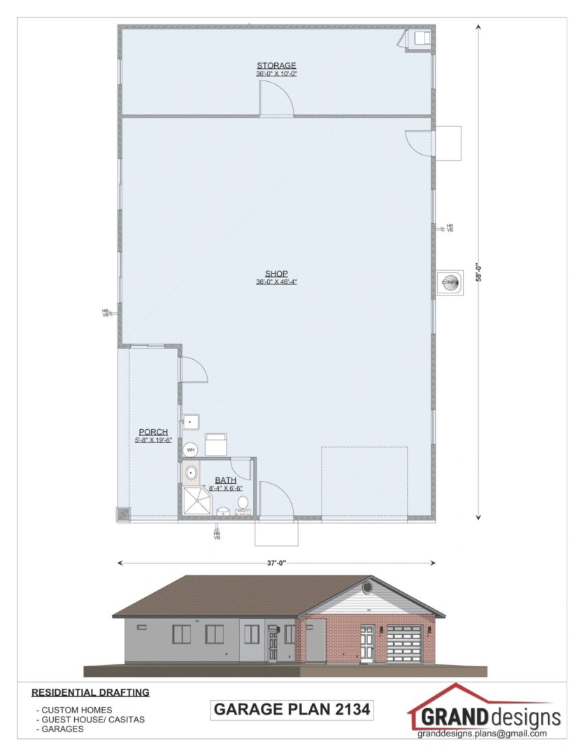 Garage plan 2134 with shop, storage, and bath.