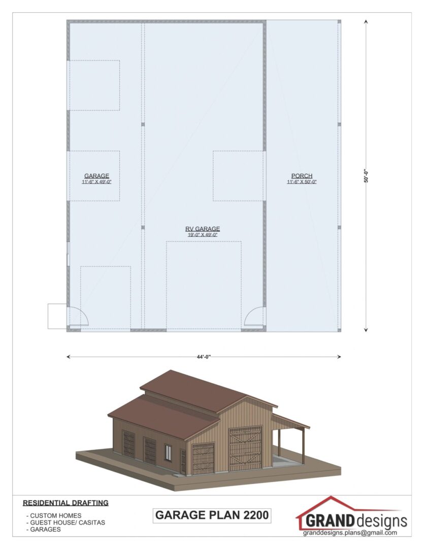 Garage plan with RV garage and porch.