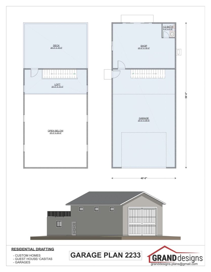 Garage plan with loft, deck, and shop.