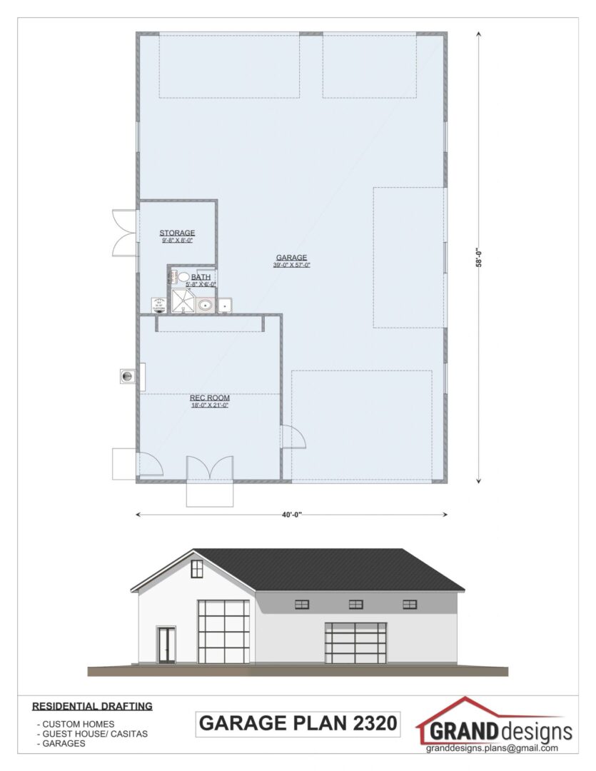 Garage plan with rec room and storage.