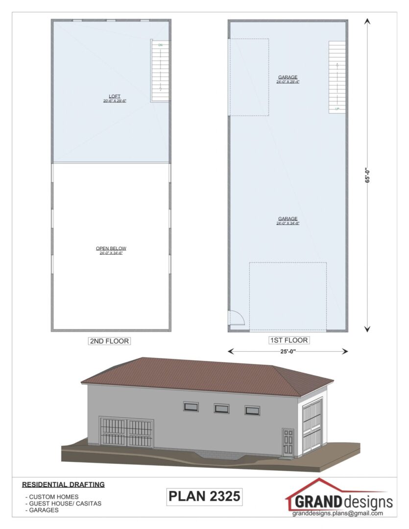 House plan with loft and garage.