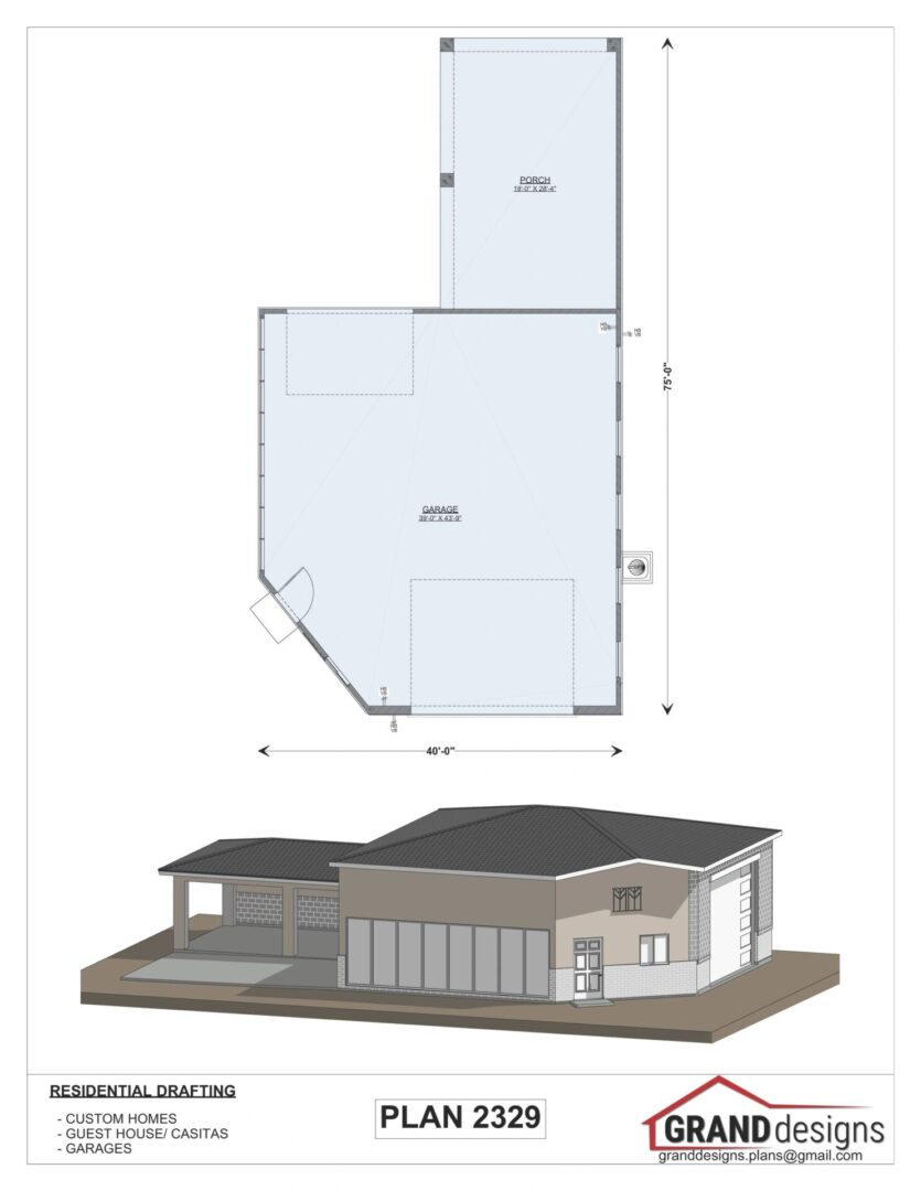 House plan with garage and porch.