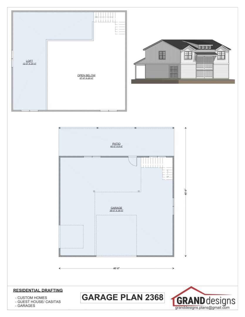 Garage plan 2368 with loft and patio.