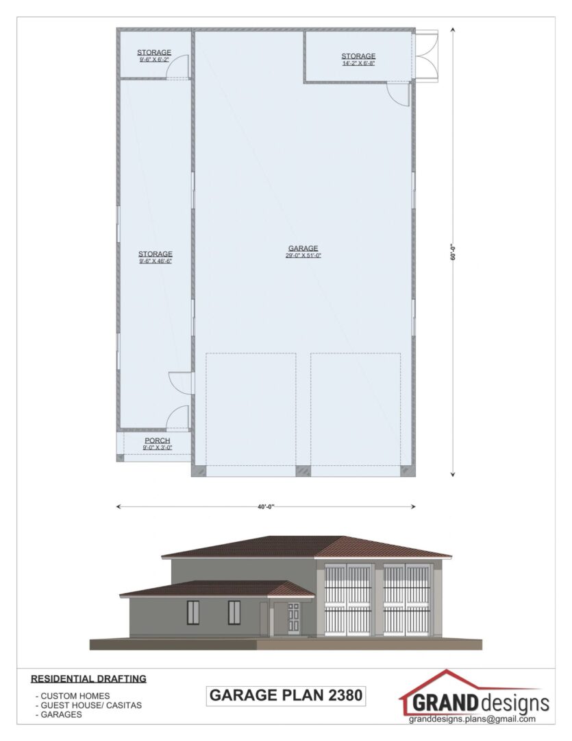 Garage plan with storage and porch.