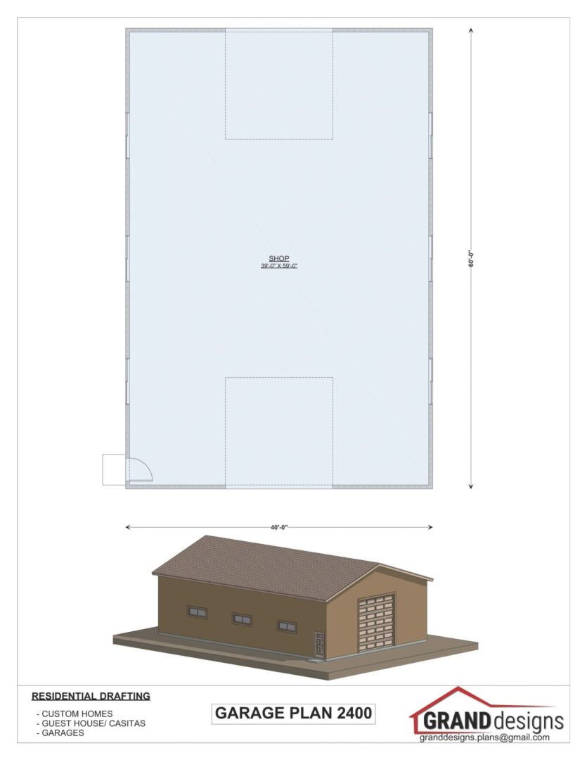 Garage plan 2400, 40' x 60' shop.