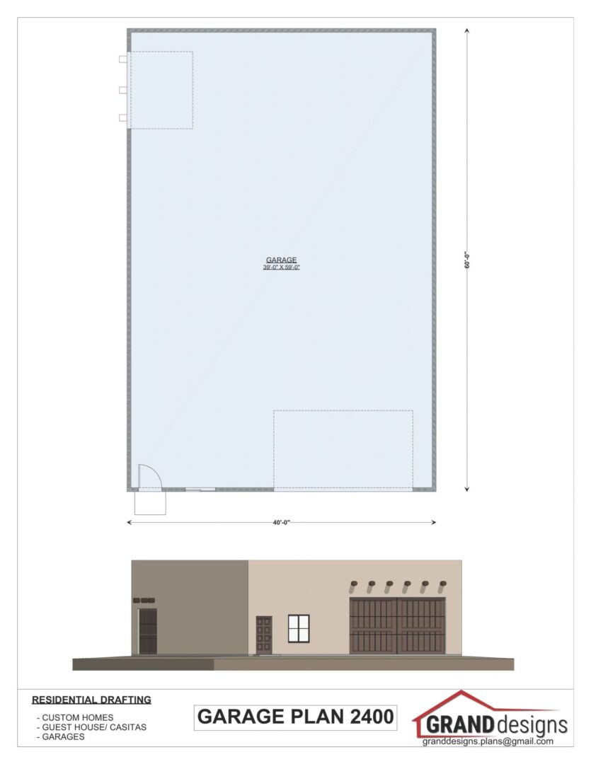 Garage plan with dimensions and exterior view.