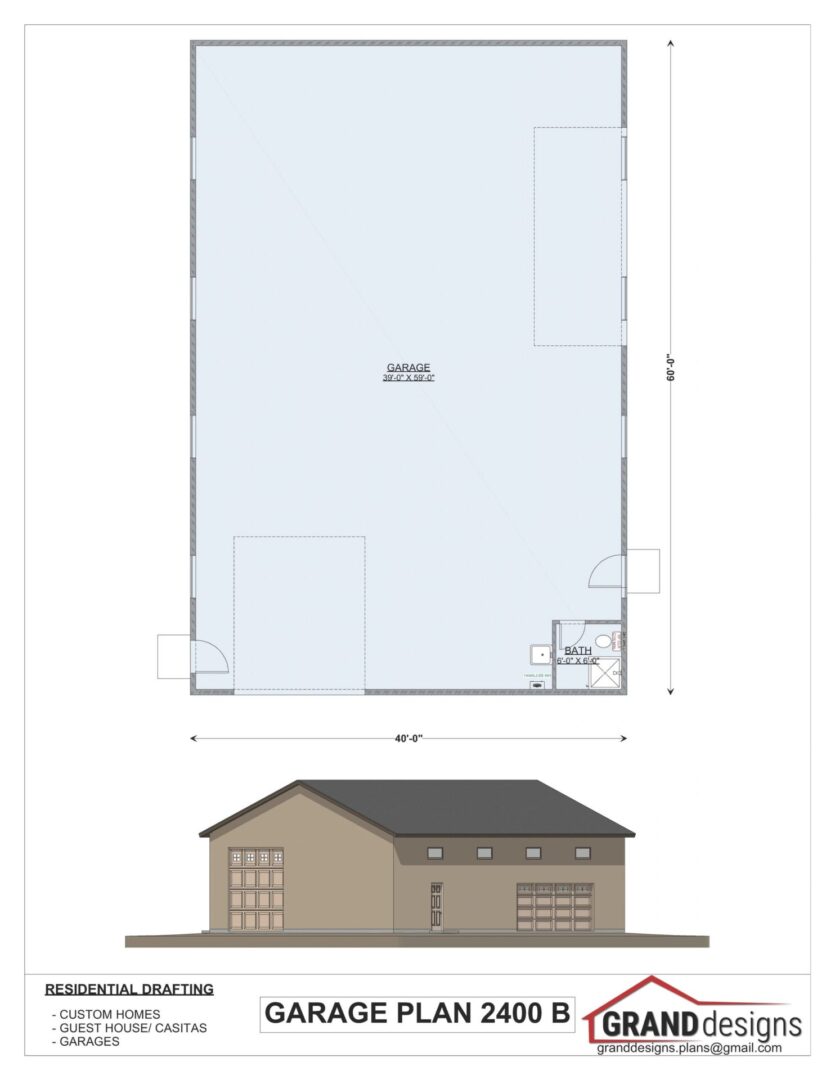 Garage plan 2400 B, side elevation.