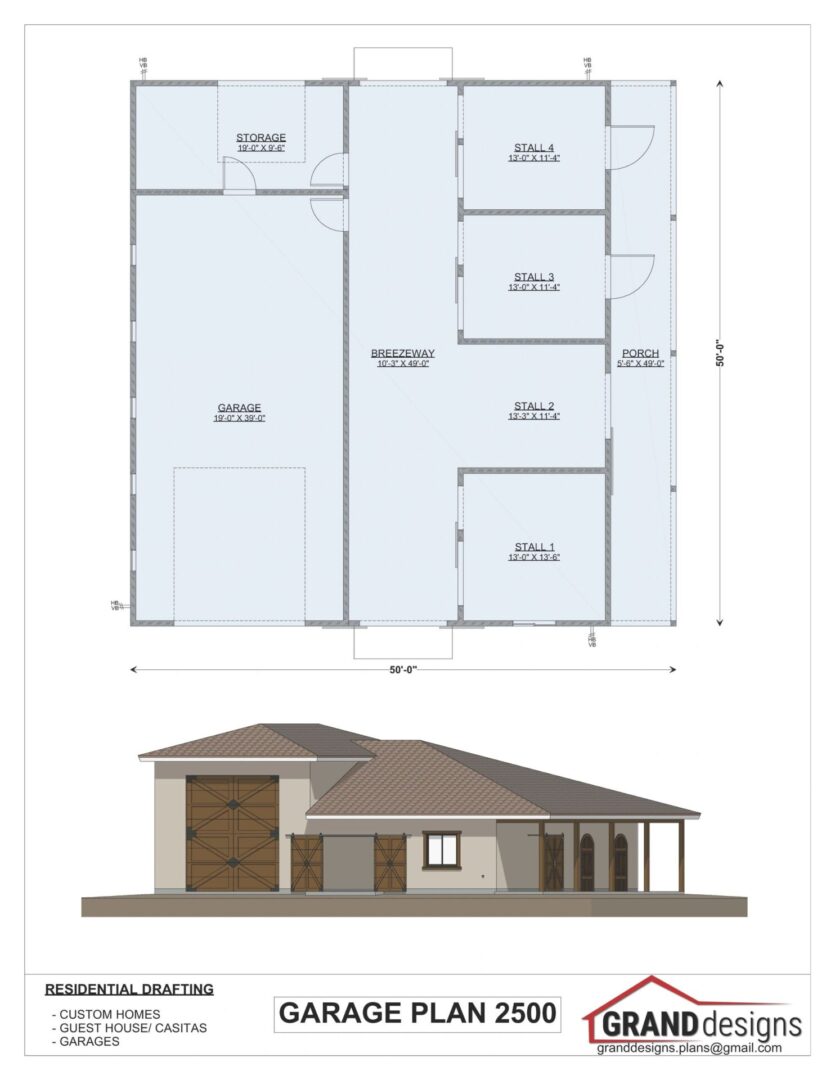 Garage plan 2500 with four stalls.