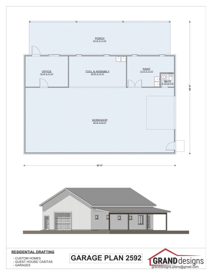 Garage plan 2592, one-story, front view.