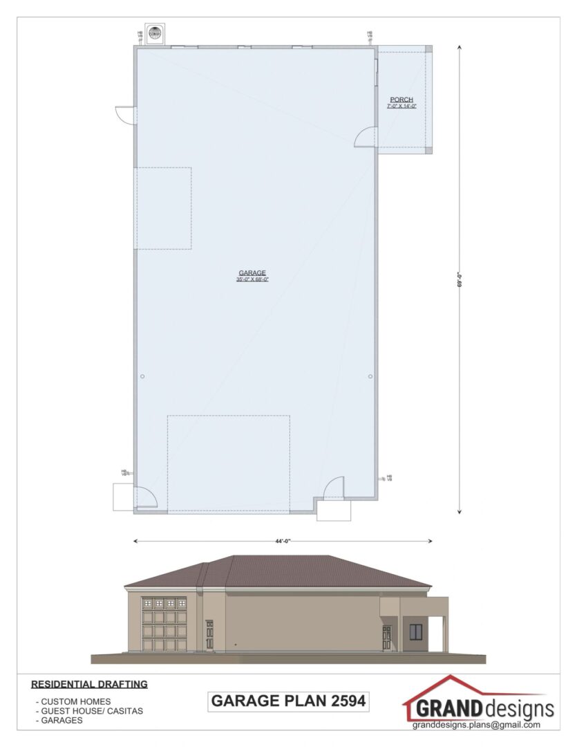 Garage plan 2594 with porch and side view.