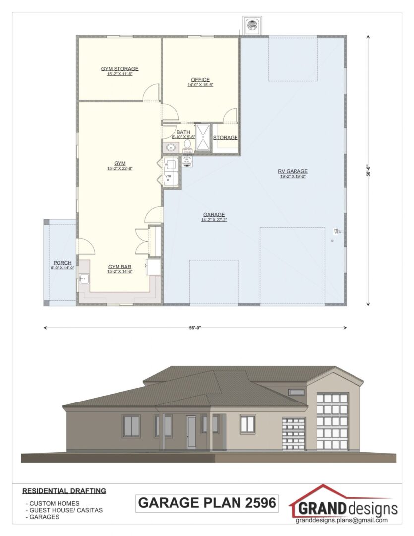 Garage plan 2596 with gym, office, and RV garage.