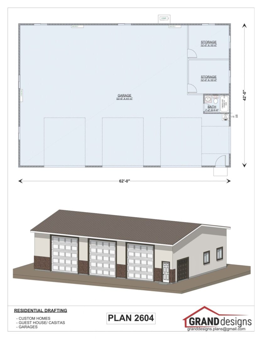 Garage plan with storage and bath.