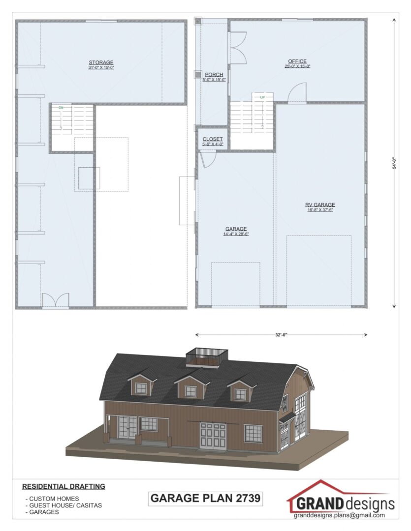 Garage plan 2739, 3D rendering.