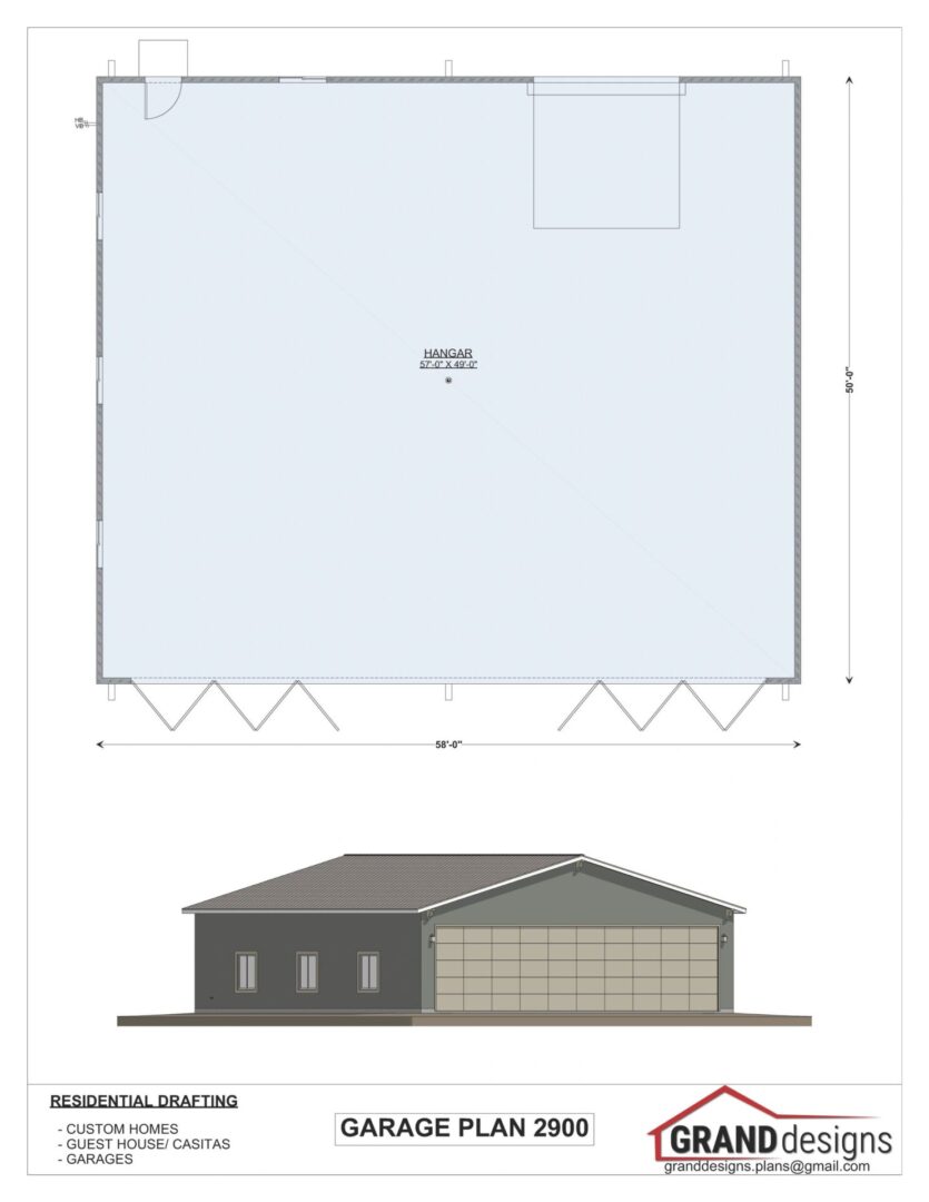 Garage plan 2900, side view with dimensions.