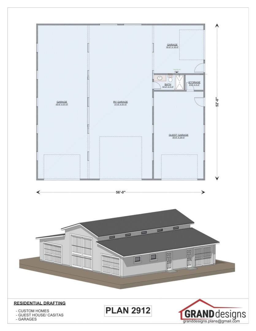 Plan 2912 - 3D rendering of a garage plan.