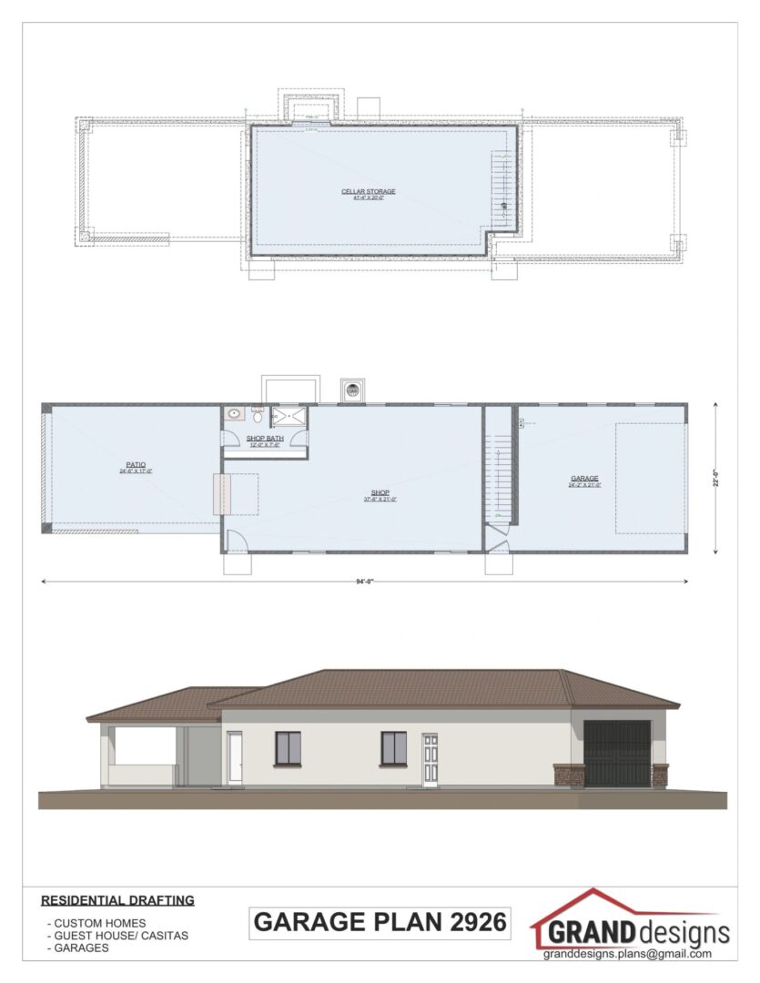 Garage plan with shop and patio.