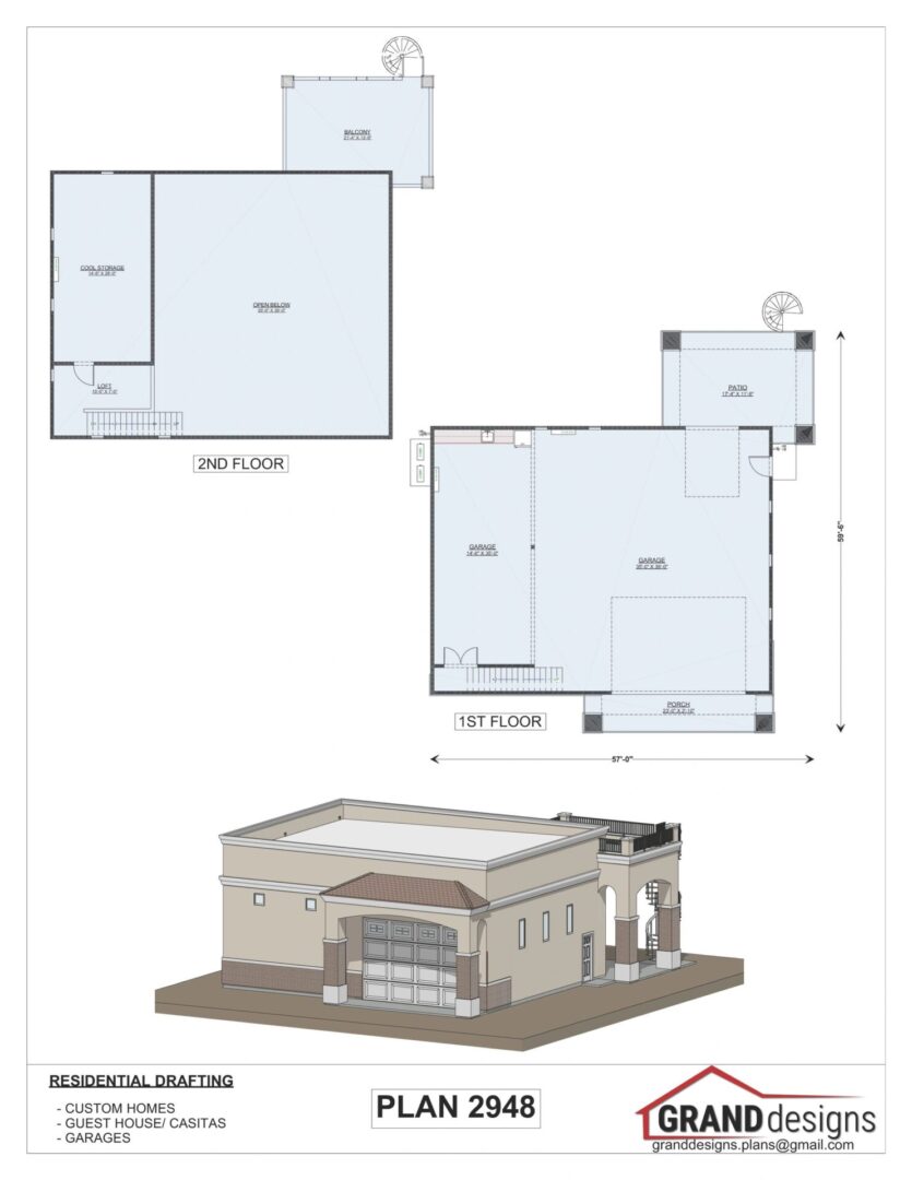 Floor plan for a two-story house with garages.