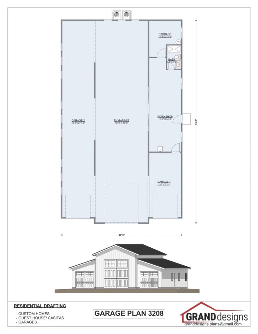 Garage plan with RV garage and workshop.