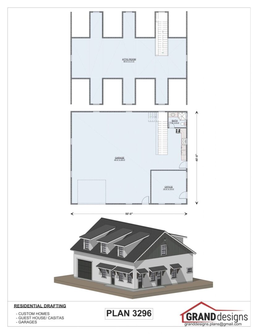 House plan 3296 with garage and office.