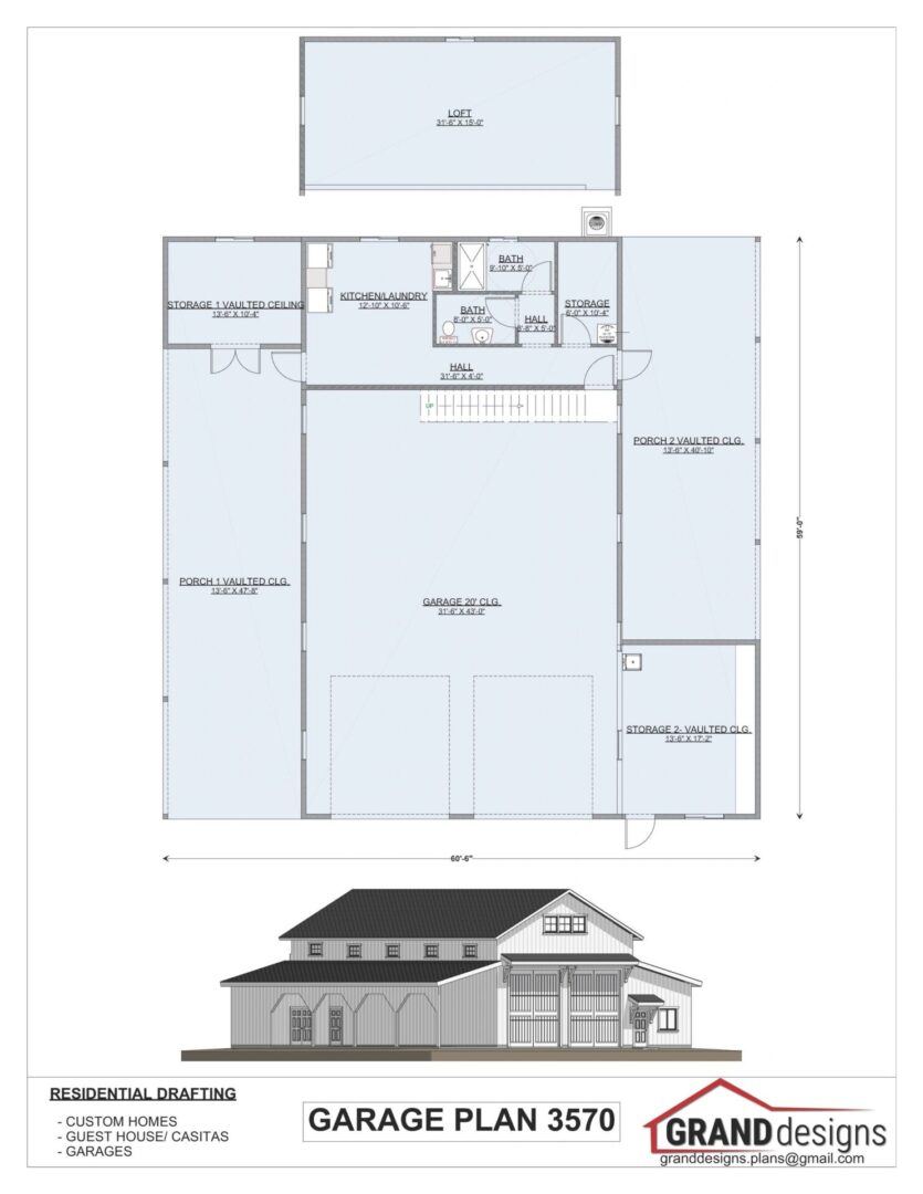 Garage plan with loft and storage.