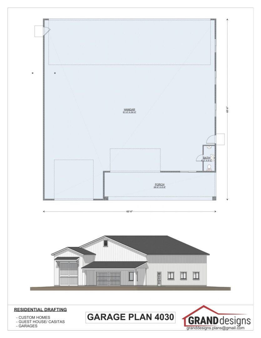 Garage plan 4030 with hangar and bath.