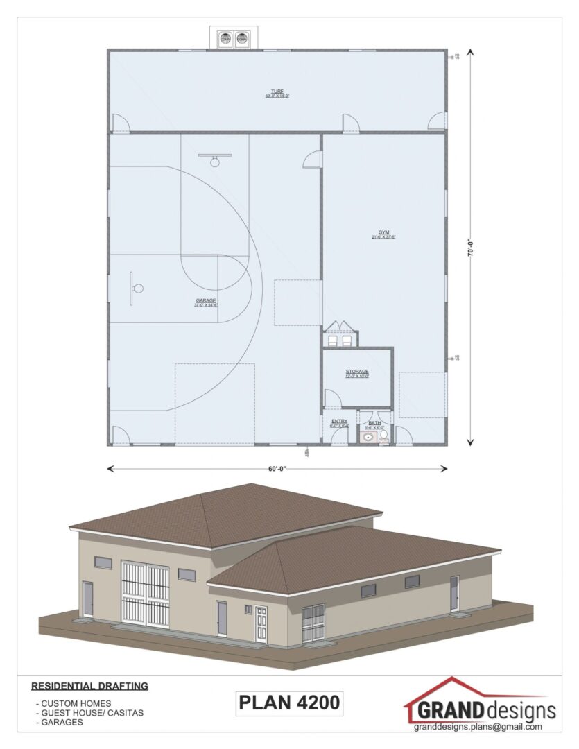 Plan of a house with a garage and gym.