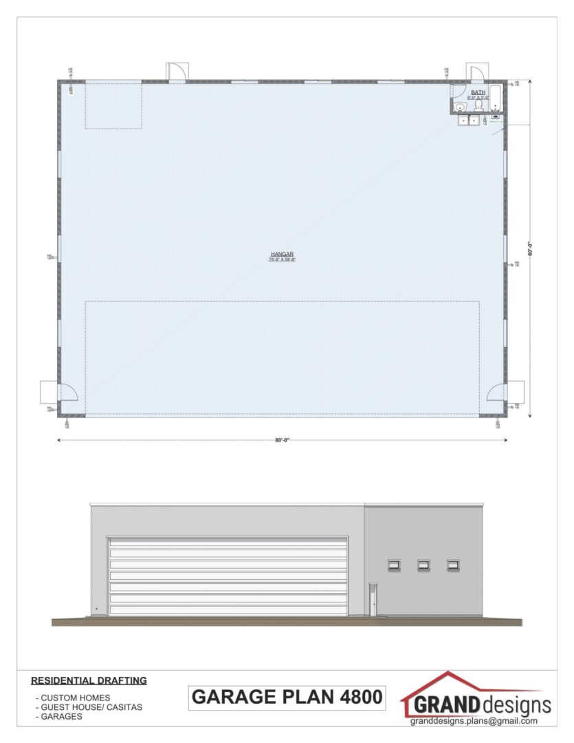 Garage plan blueprint with front elevation.