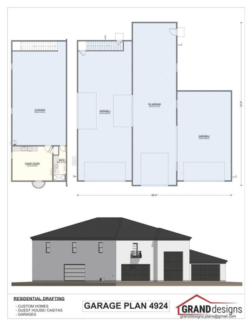 Garage plan with three car spaces.