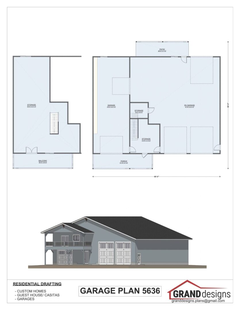 Garage plan with dimensions and elevation.