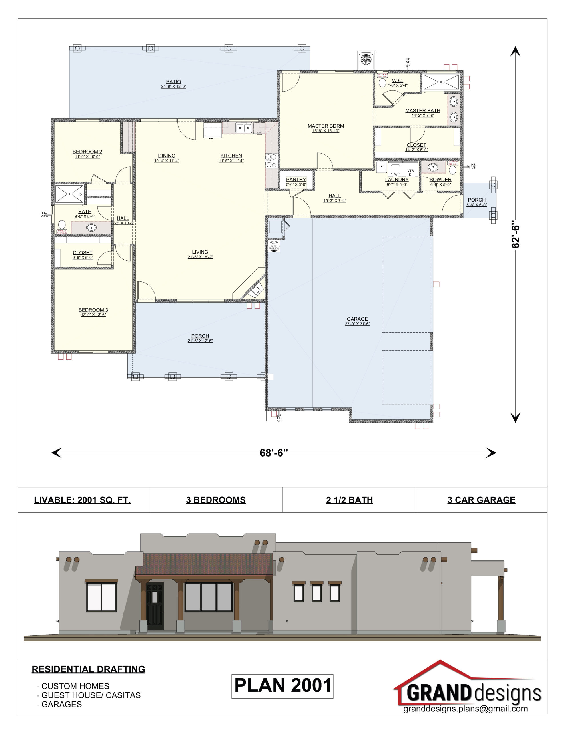 A floor plan of the front and side elevations of a house.