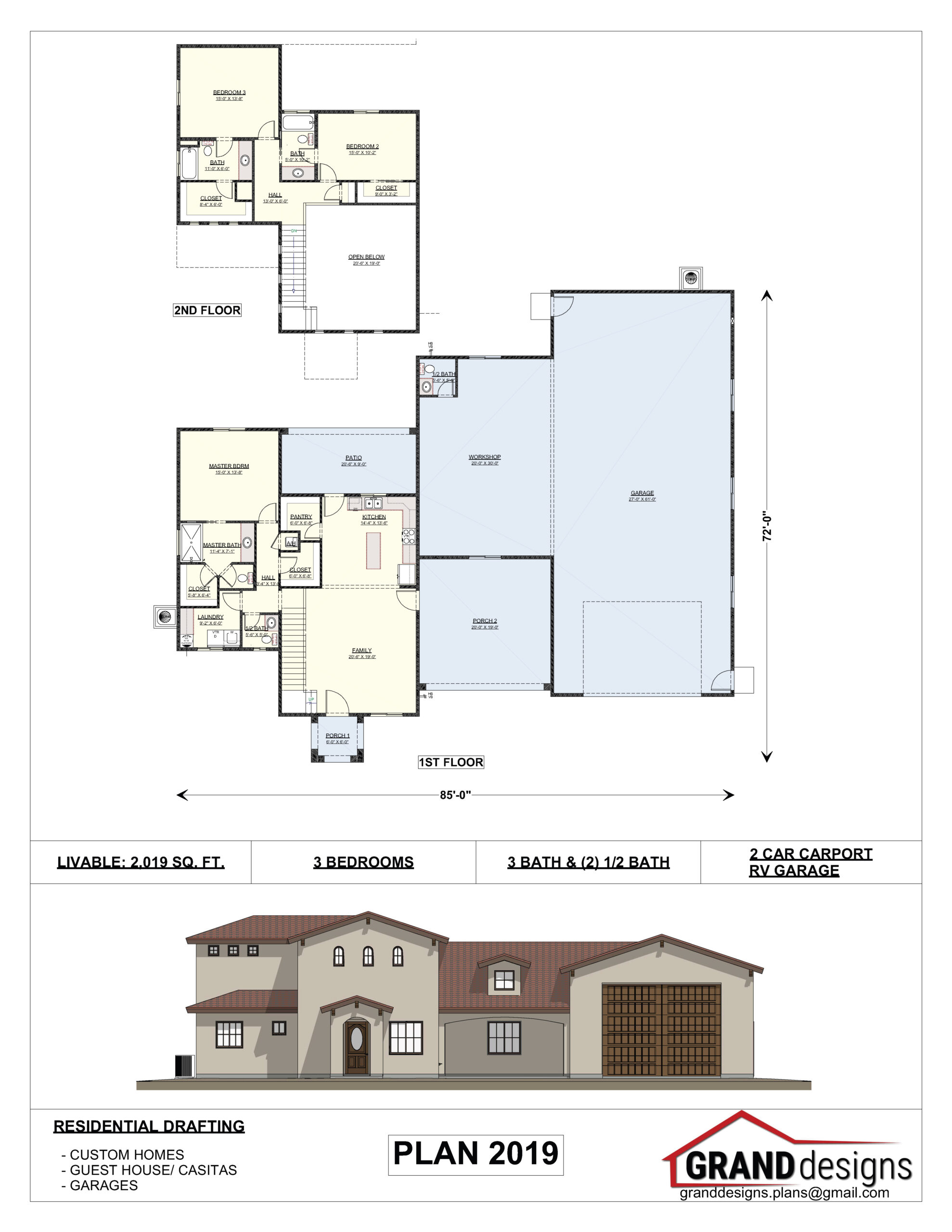 A floor plan of a house with two elevations.