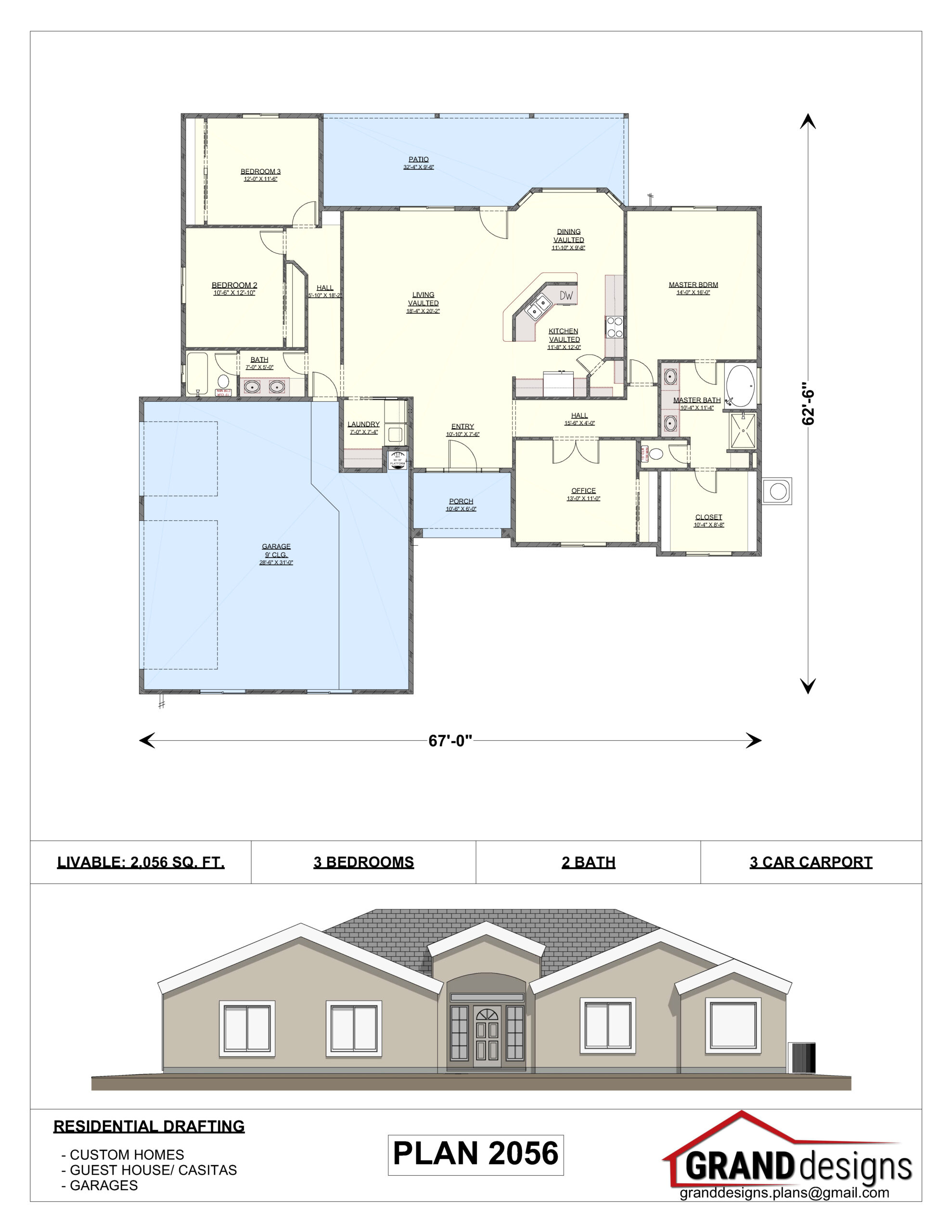 A floor plan of a house with two elevations.