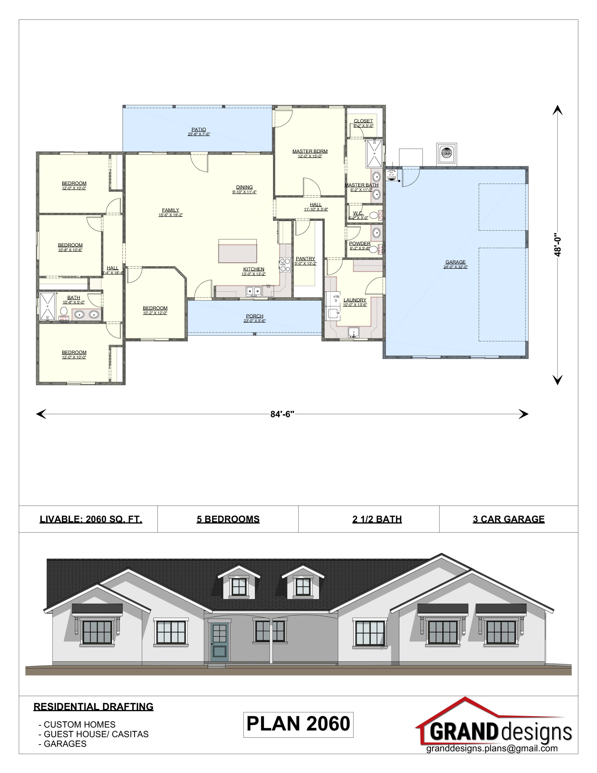 A floor plan and an image of the front of a house.