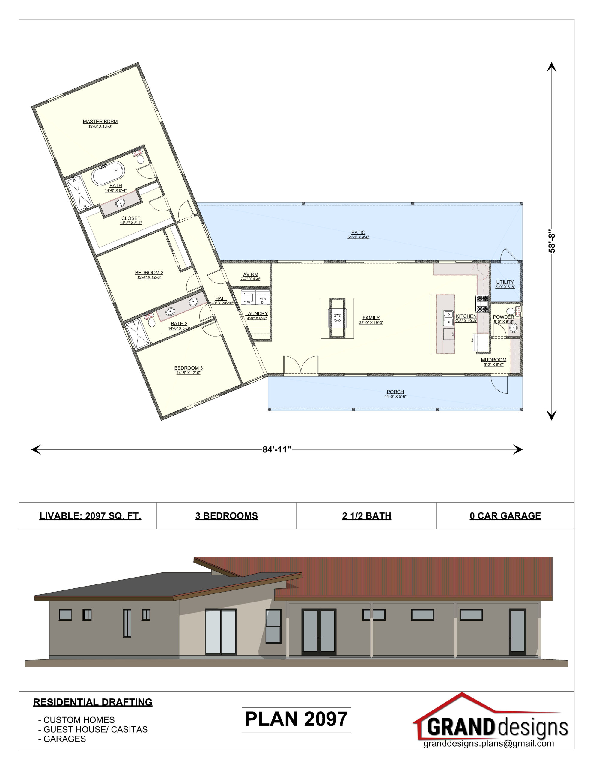 A floor plan of a house with two different elevations.