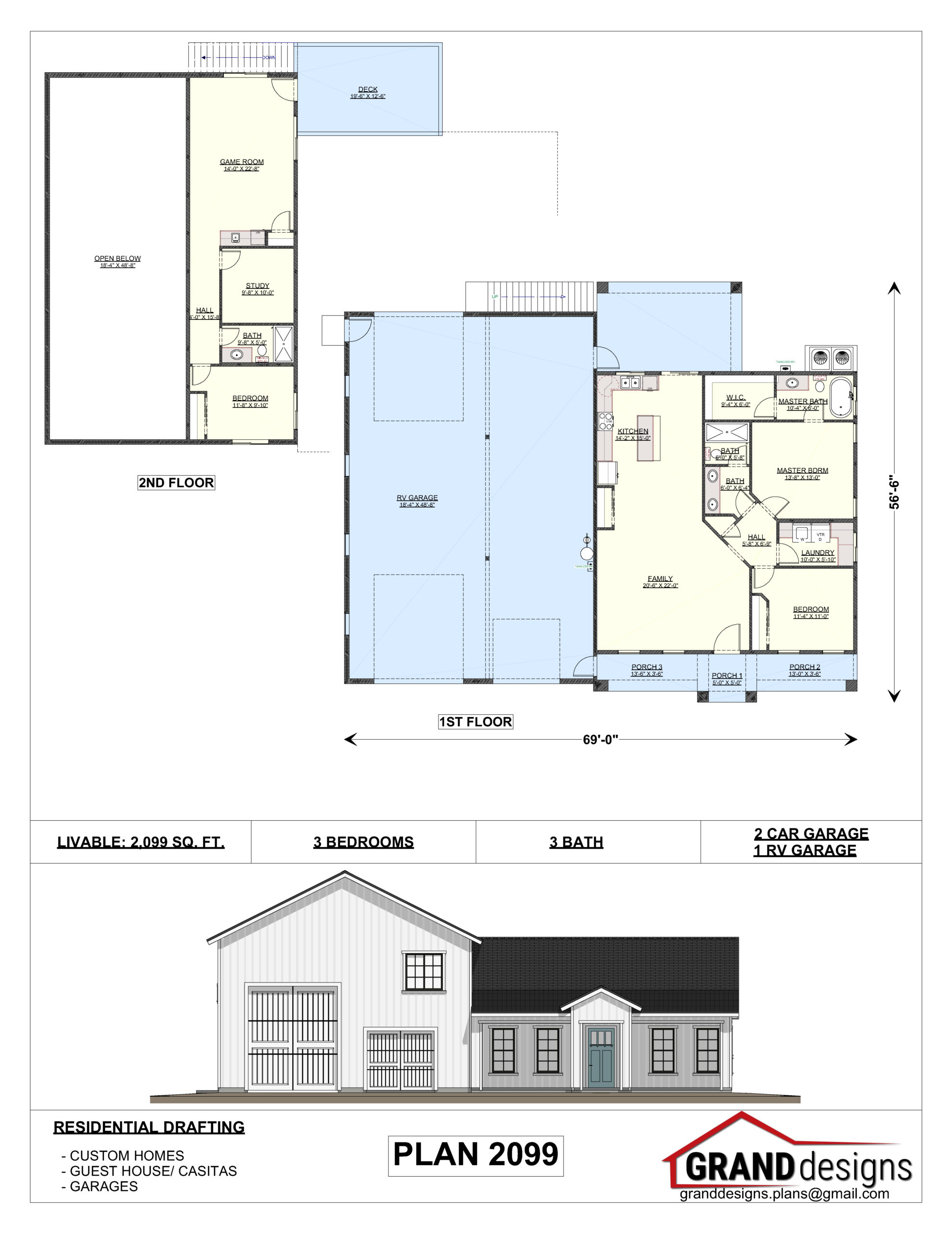 A floor plan of a house with two floors and three rooms.