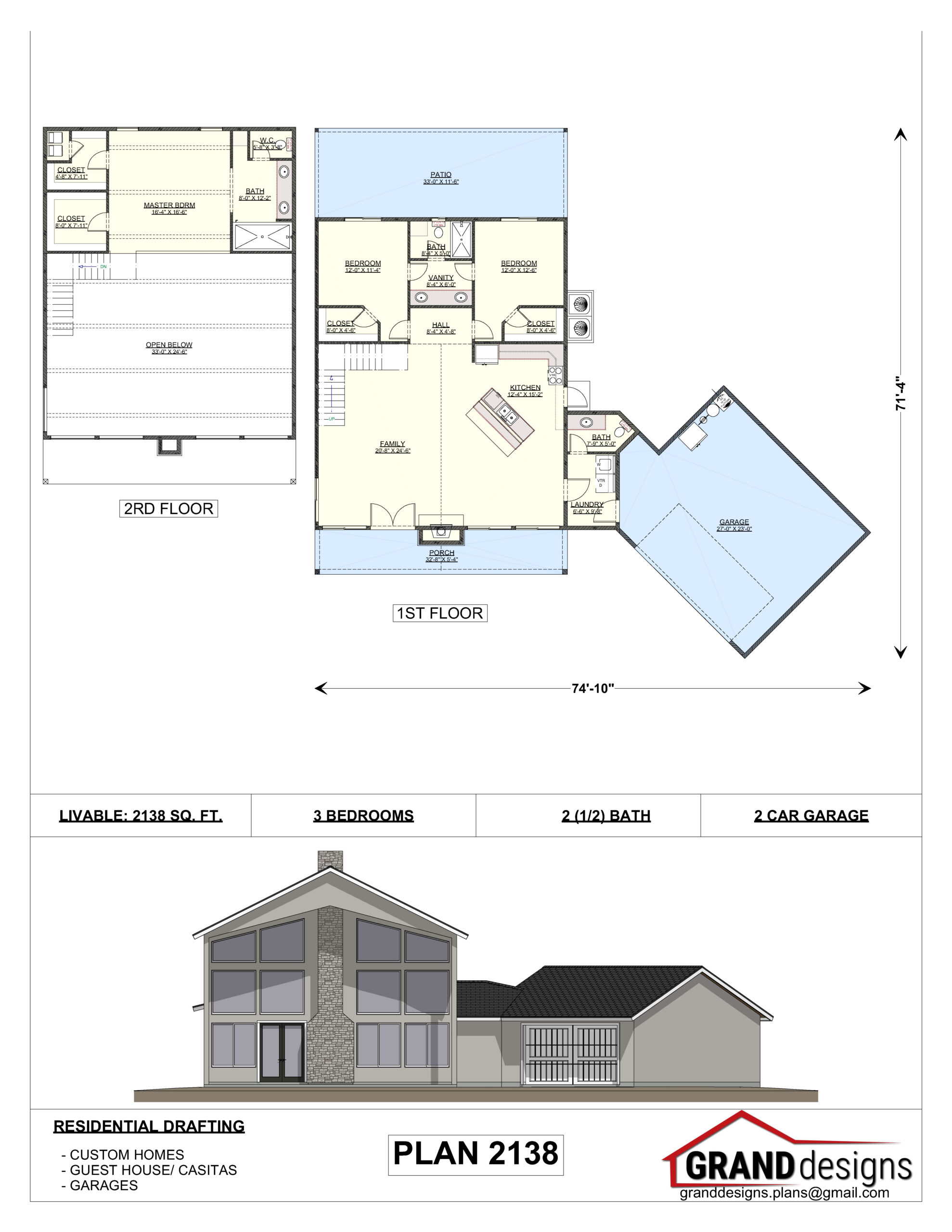 A floor plan of a house with two floors and three rooms.