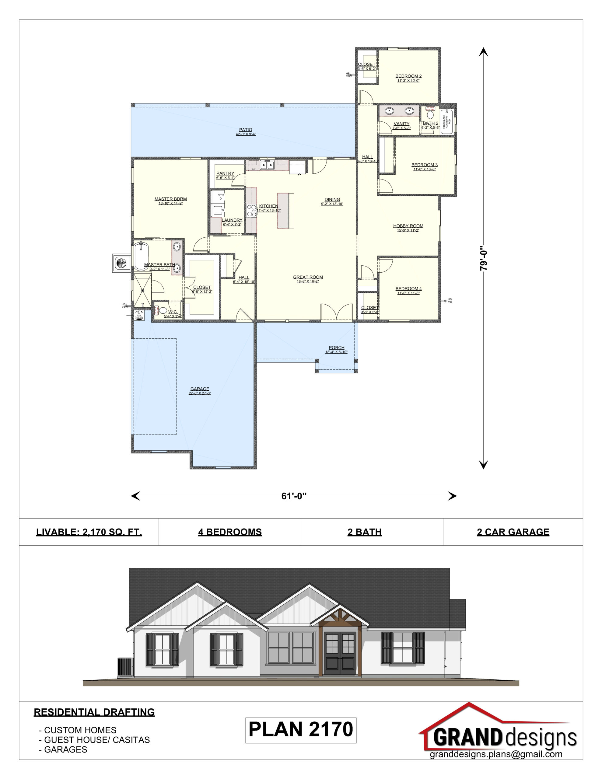 A floor plan of a house with a drawing of the front and side.