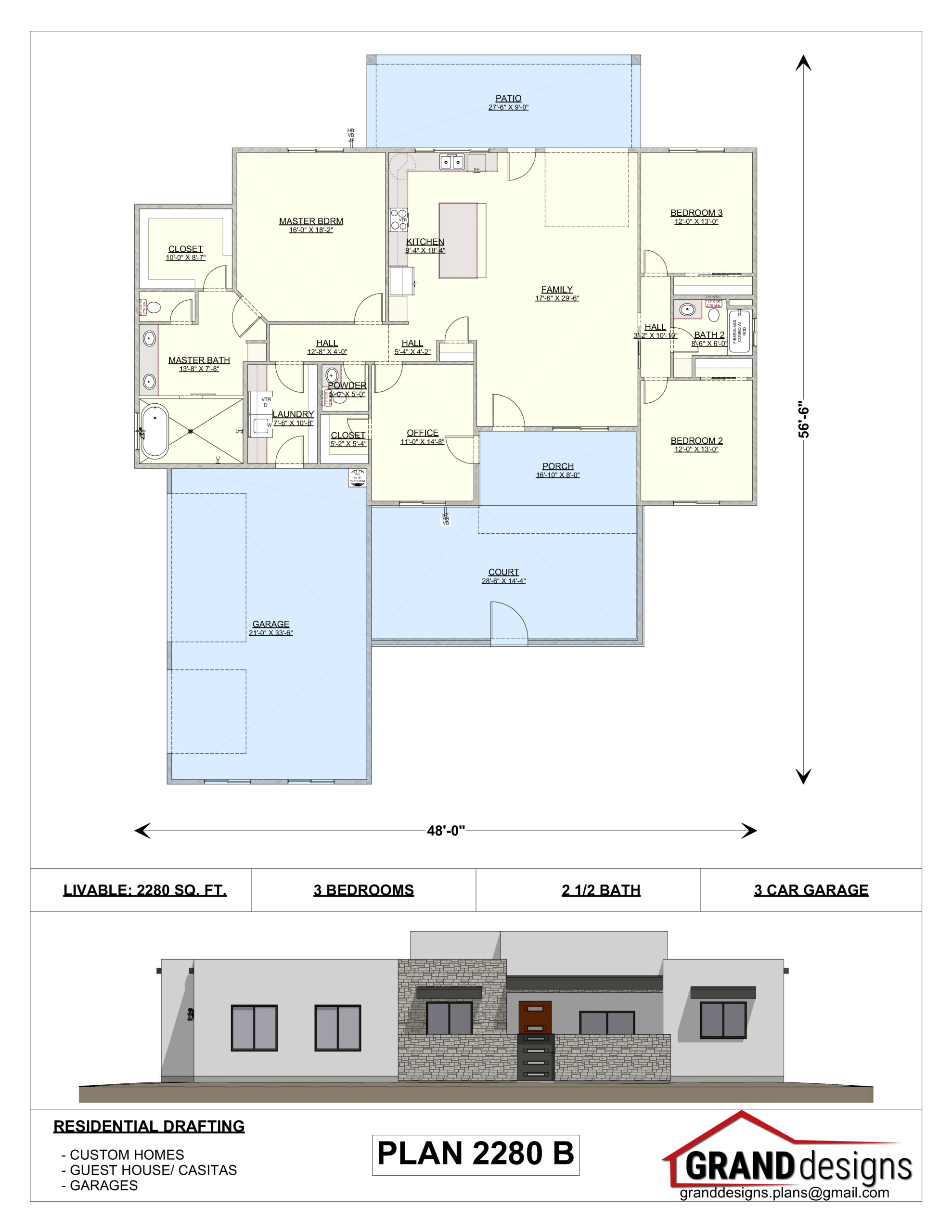 A floor plan of a house with two different elevations.