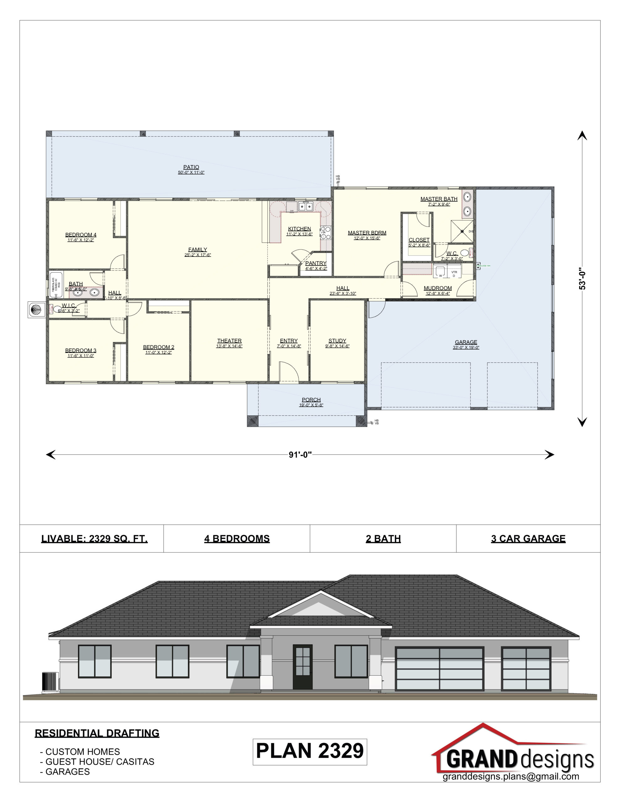 A floor plan and an image of the front of a house.