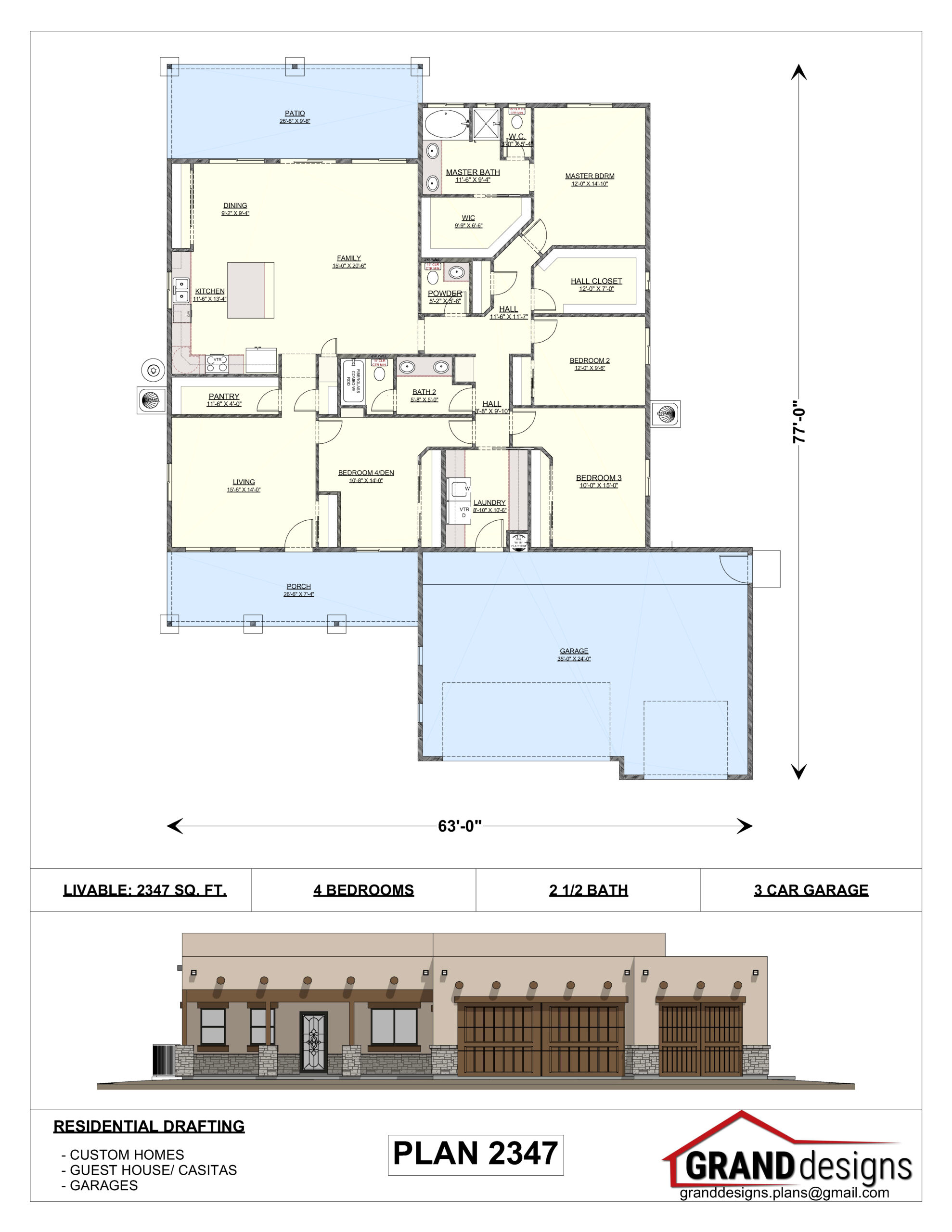 A floor plan of the front and side views of a building.