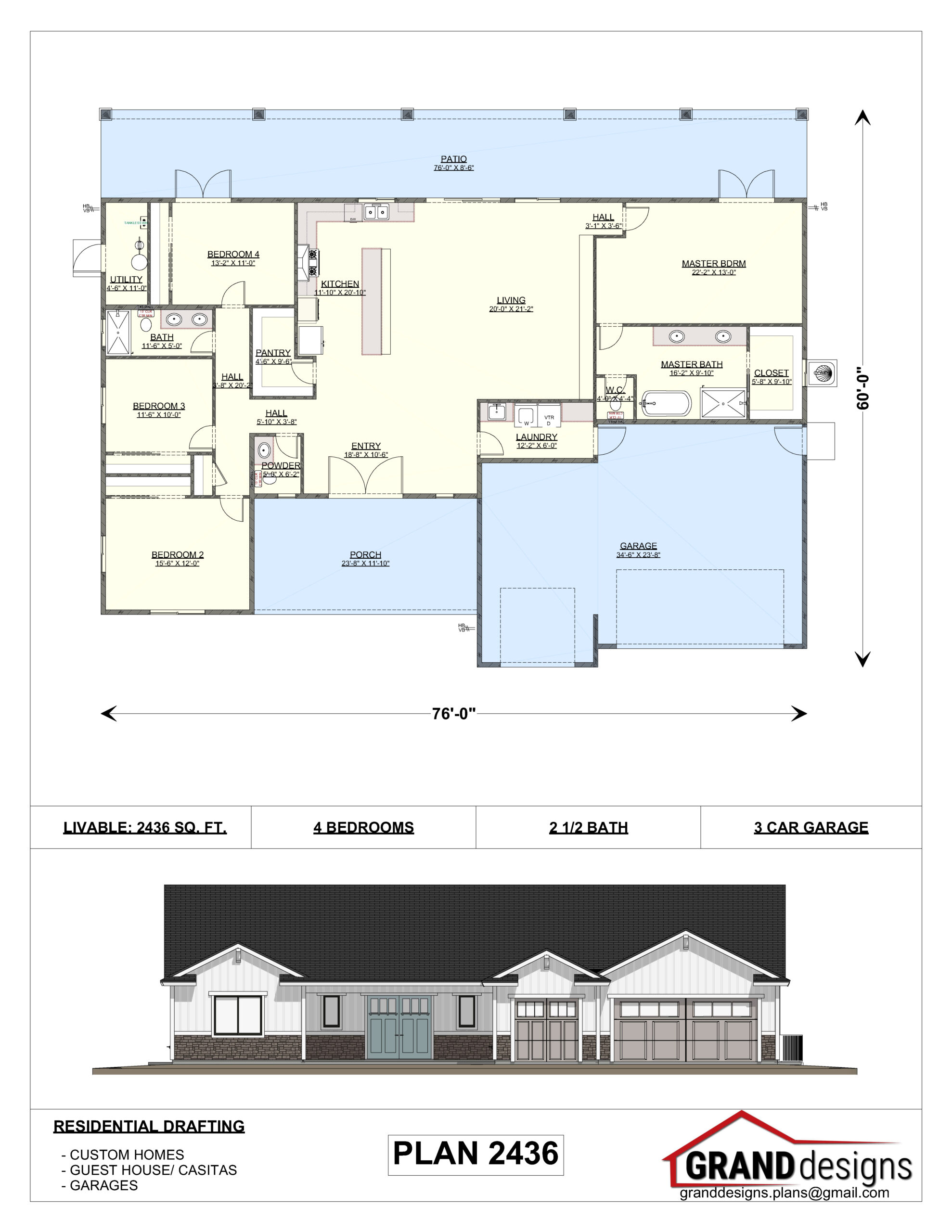 A floor plan of a house with an elevation and plans.