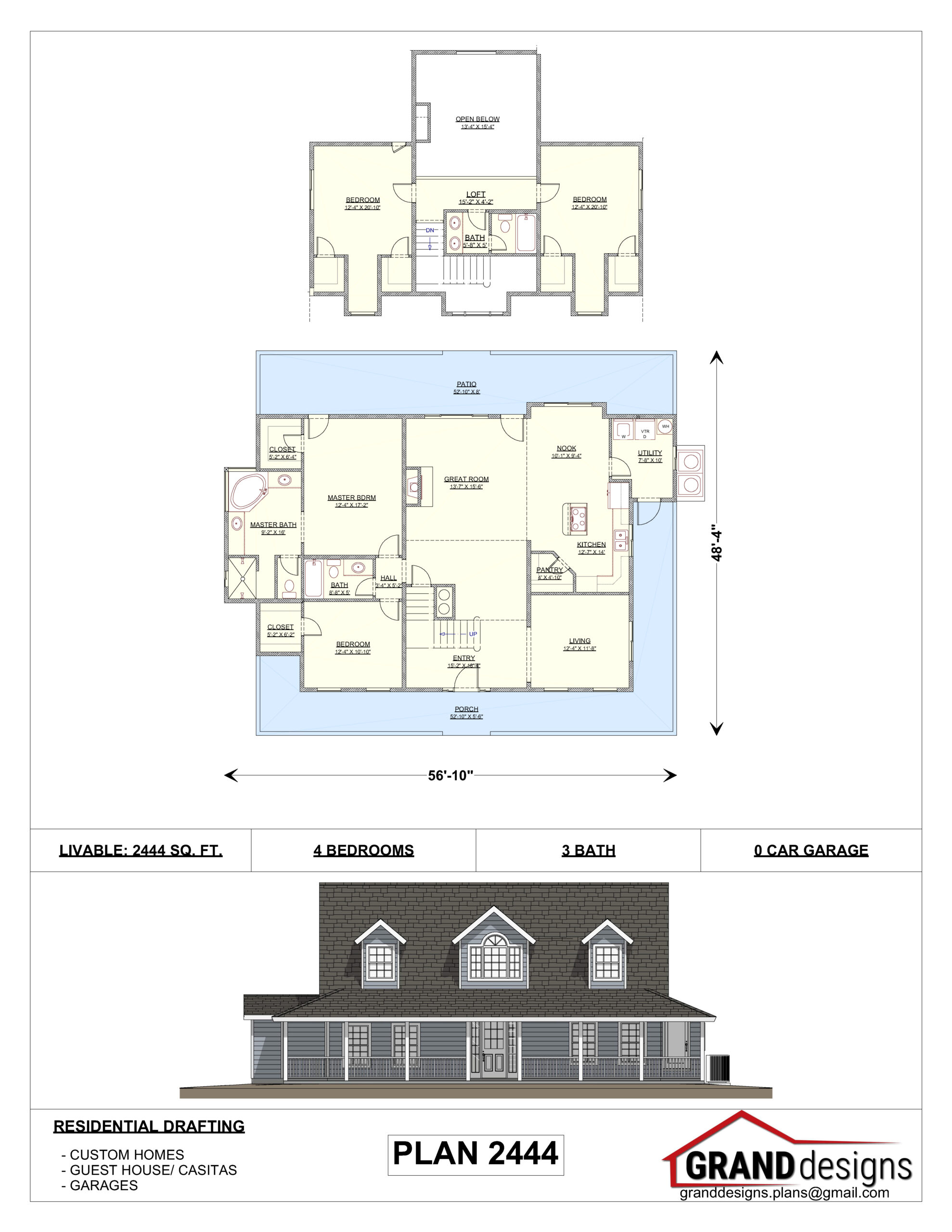 A floor plan of a house with two levels and three rooms.