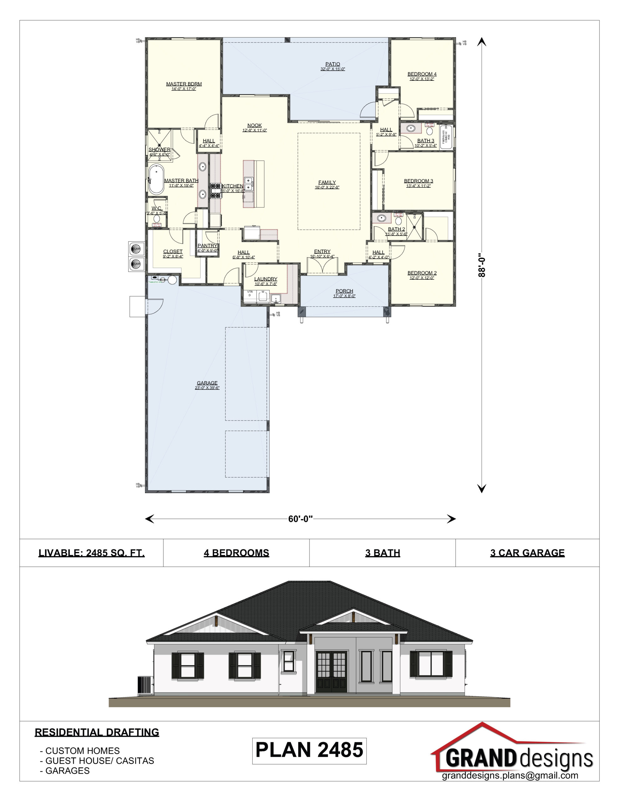 A floor plan of a house with an elevation and perspective drawing.