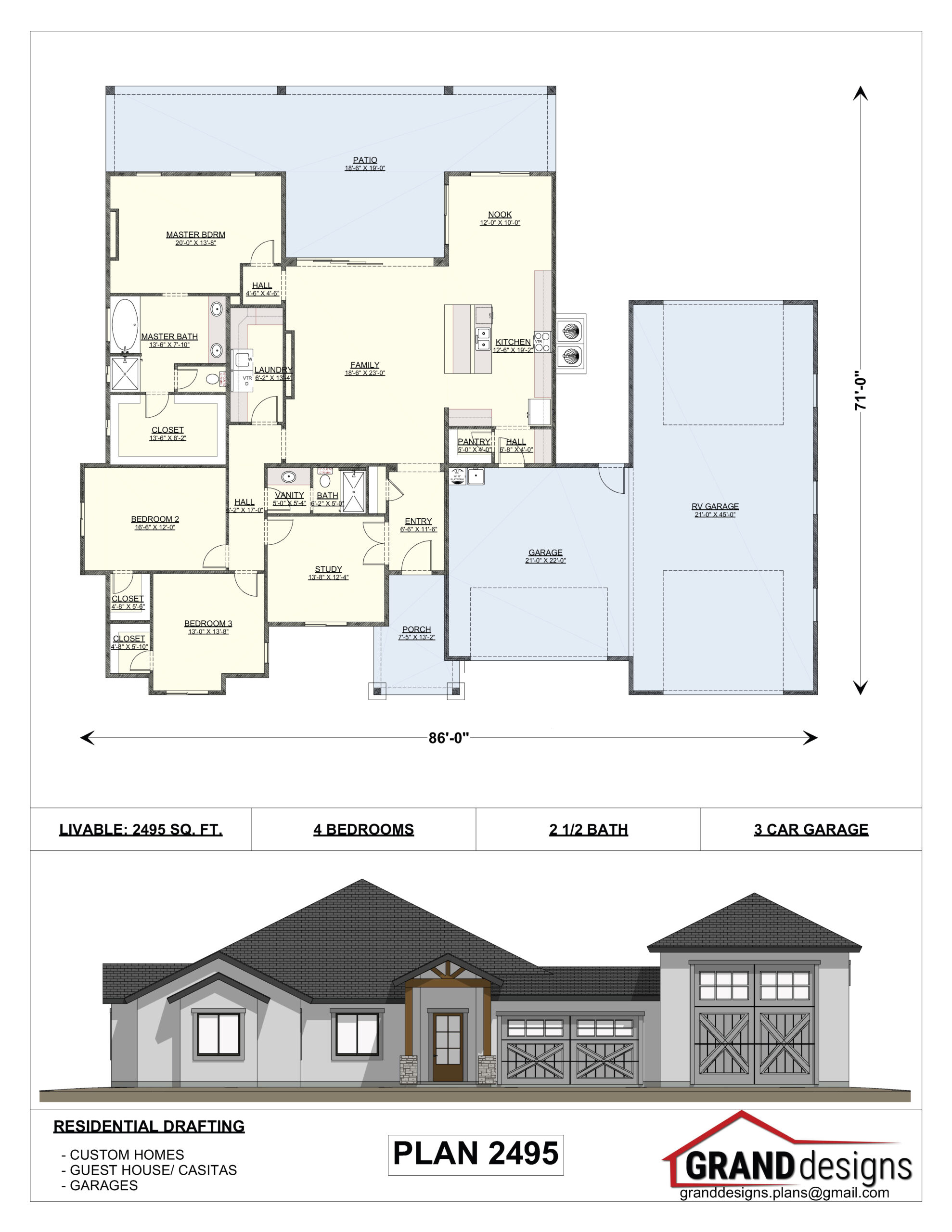 A floor plan and an image of the front of a house.