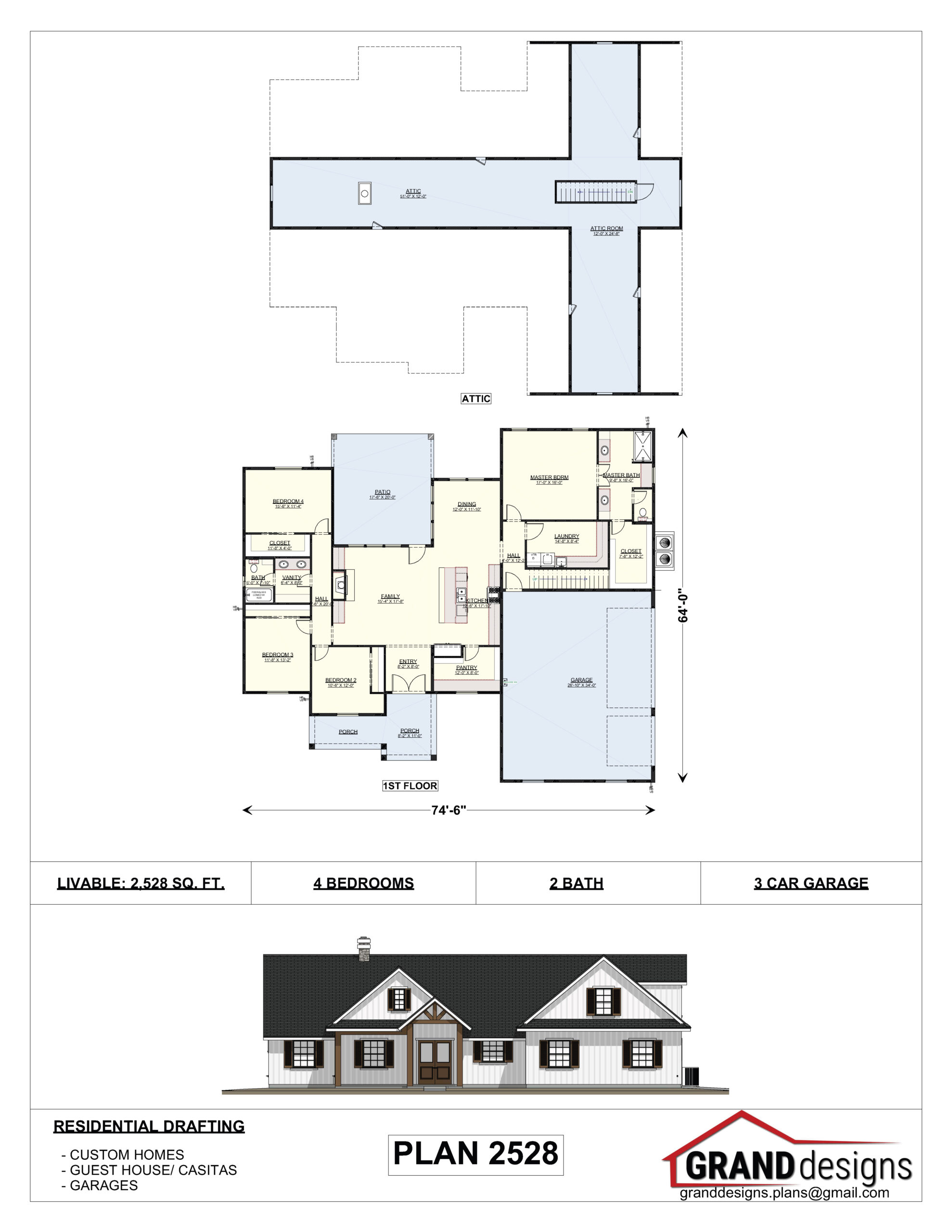 A floor plan of a house with two elevations.