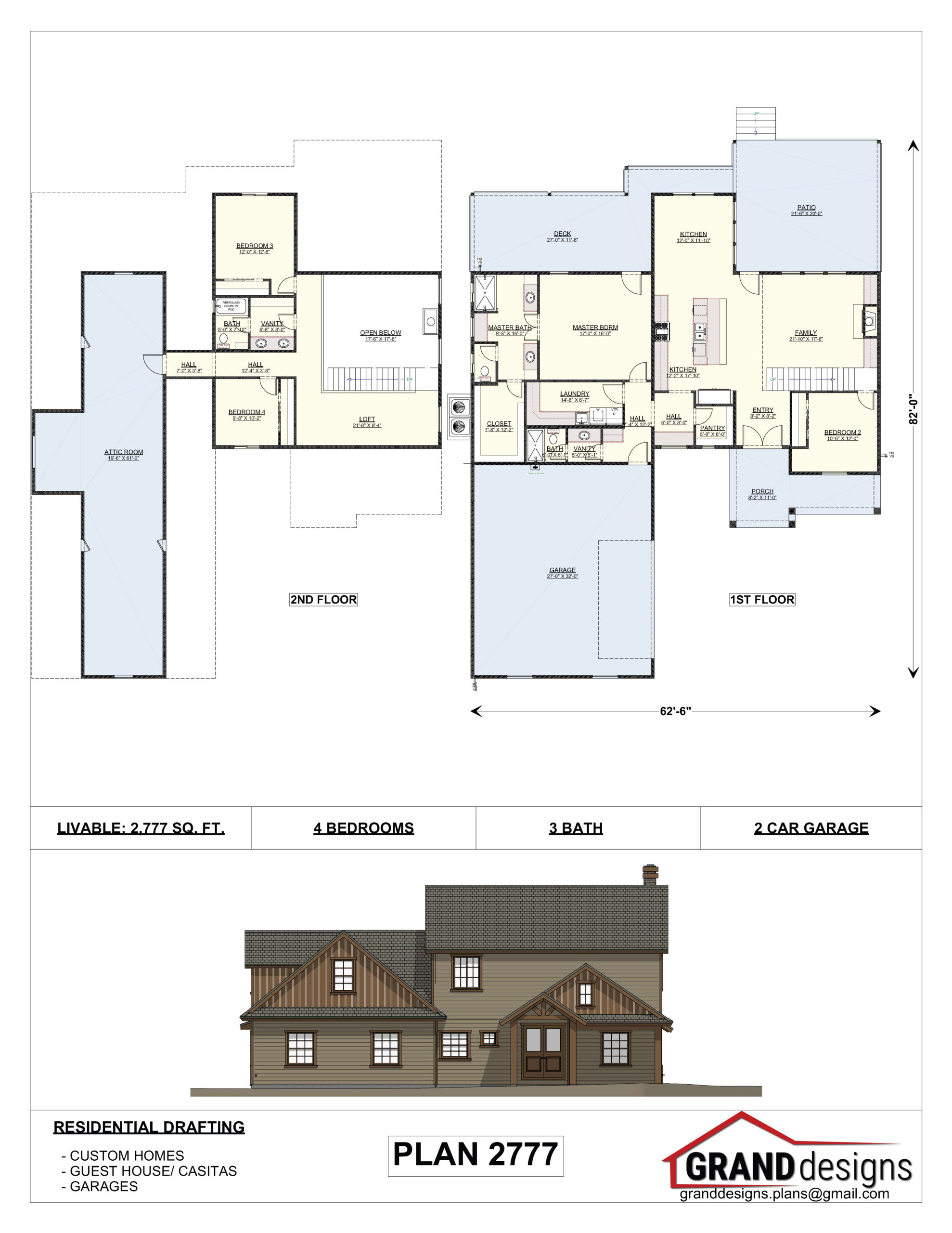 A floor plan of a house with two different elevations.