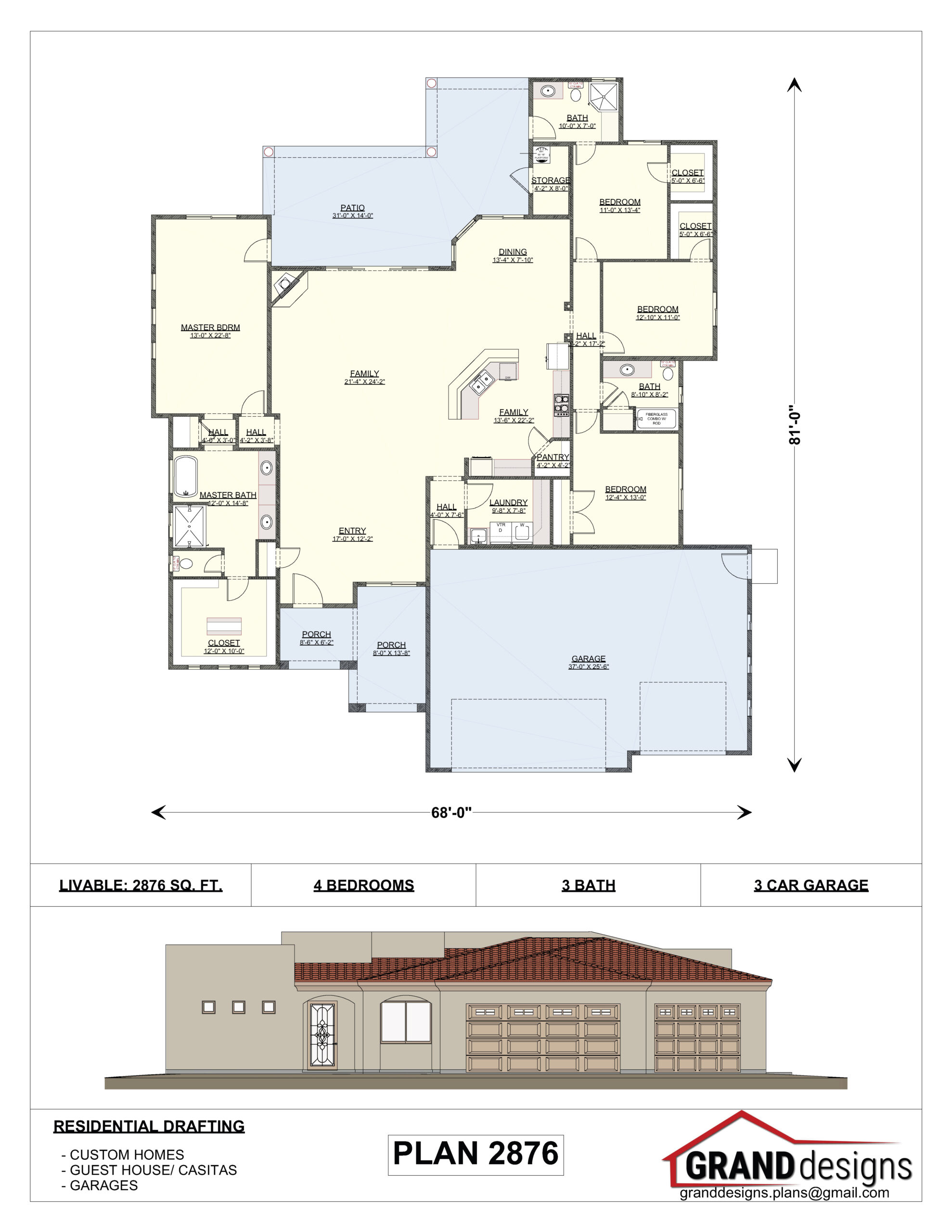 A floor plan of a house with two elevations.