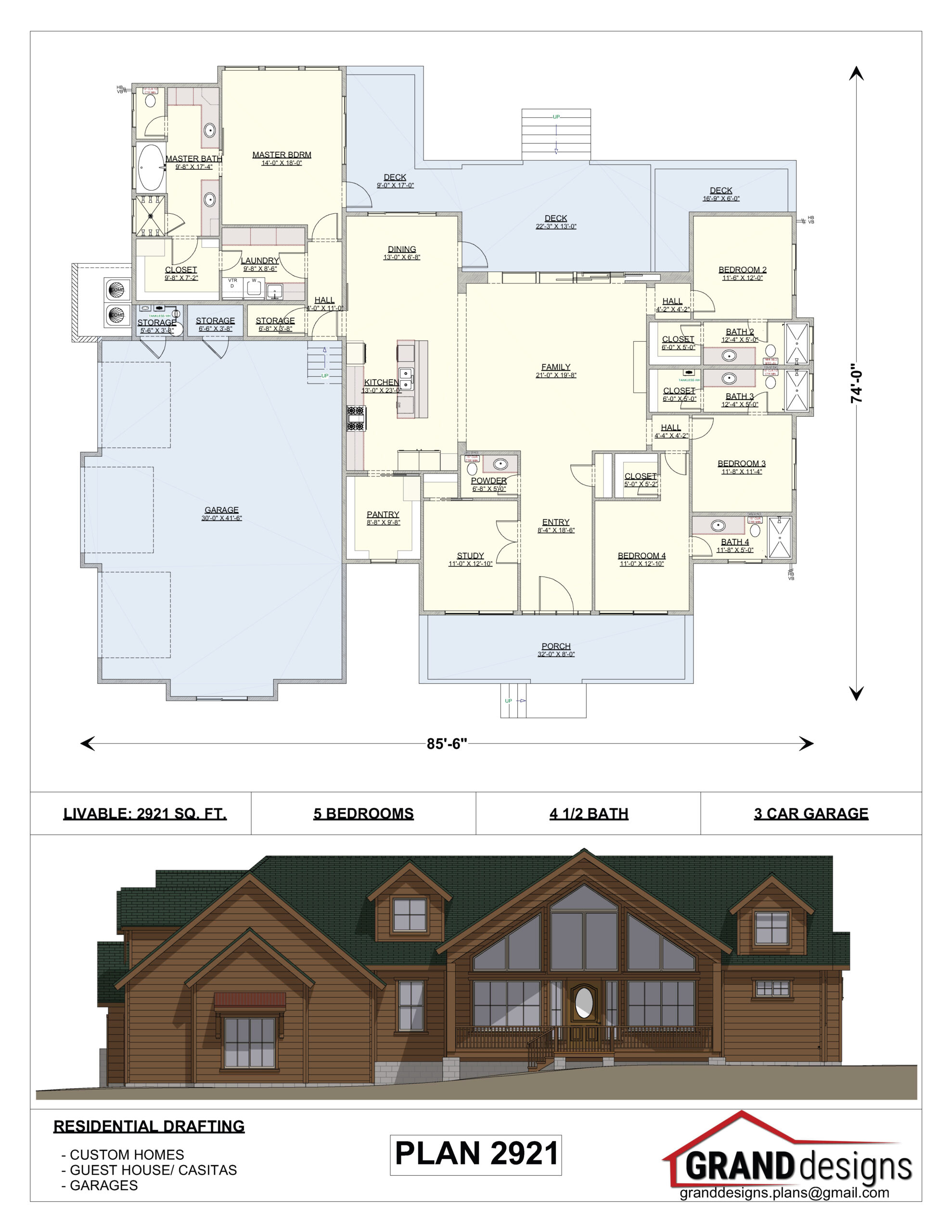 A floor plan and an image of the front of a house.