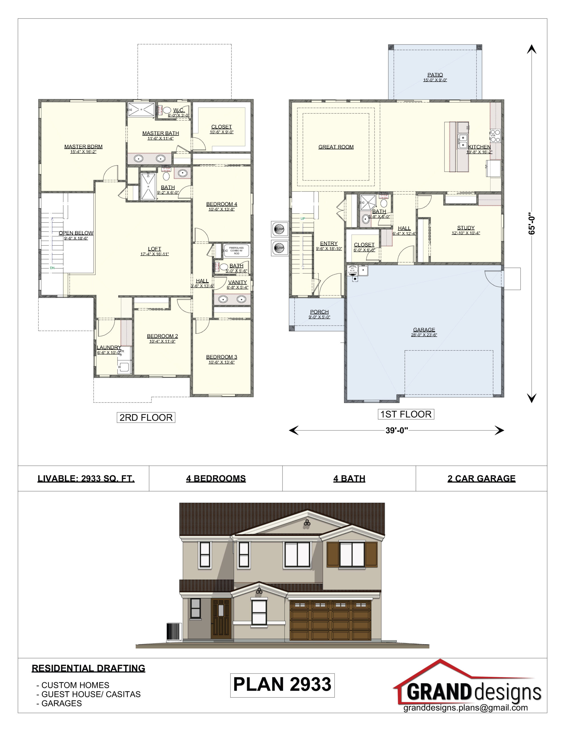 A floor plan of a house with two elevations.