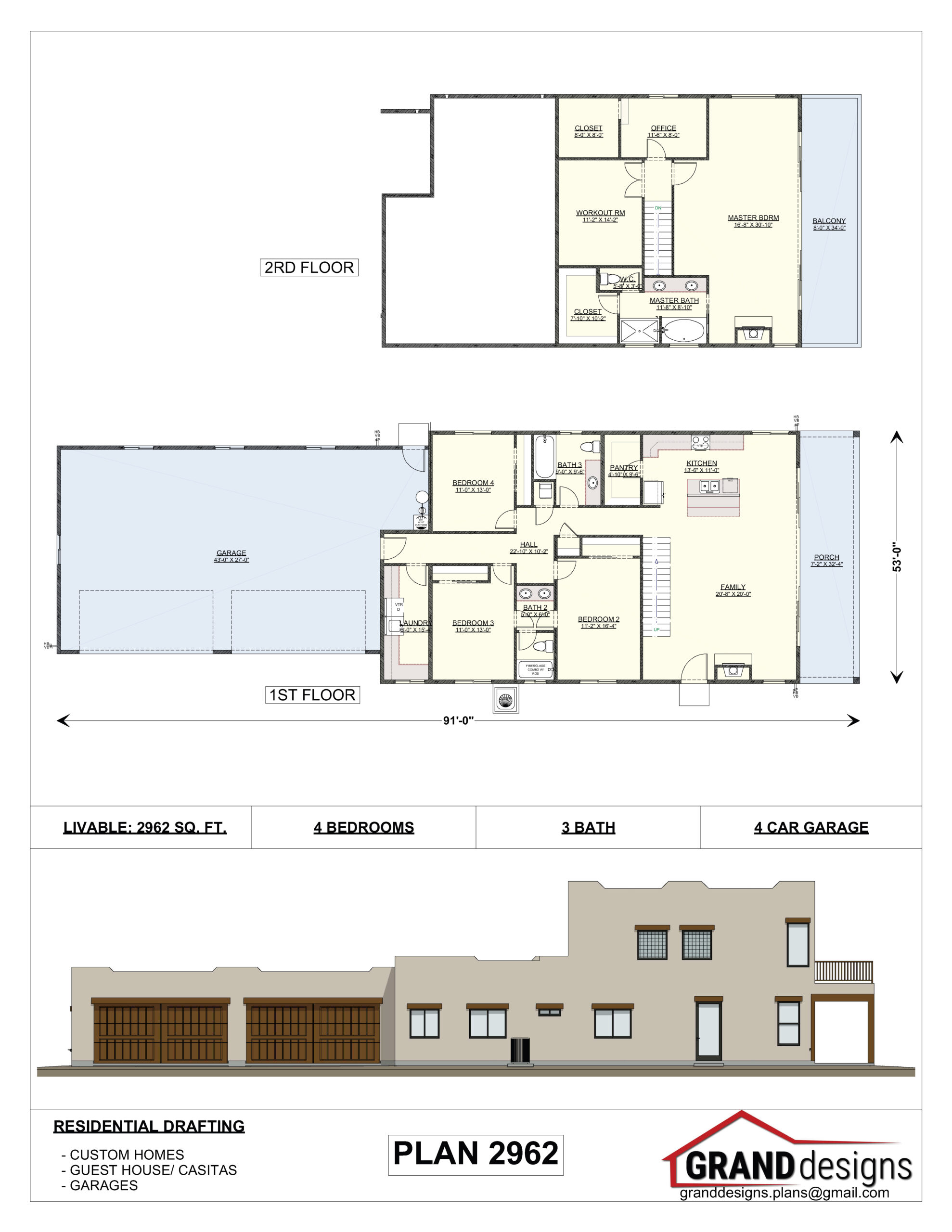 A house plan with garage and two levels.